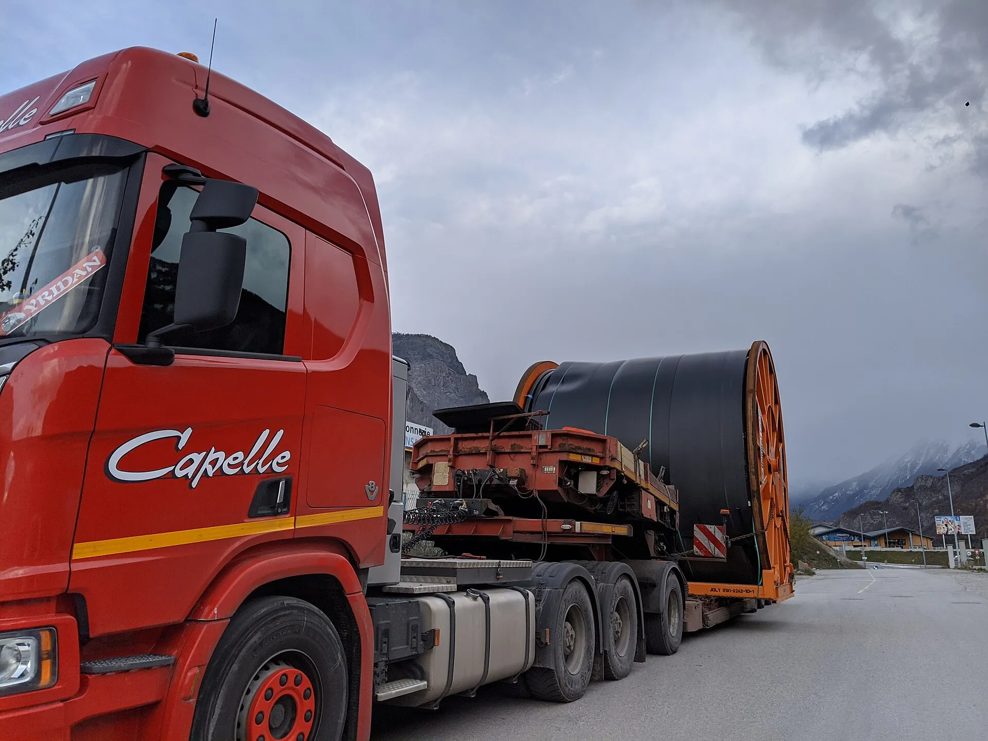 Cable drums loaded for transport