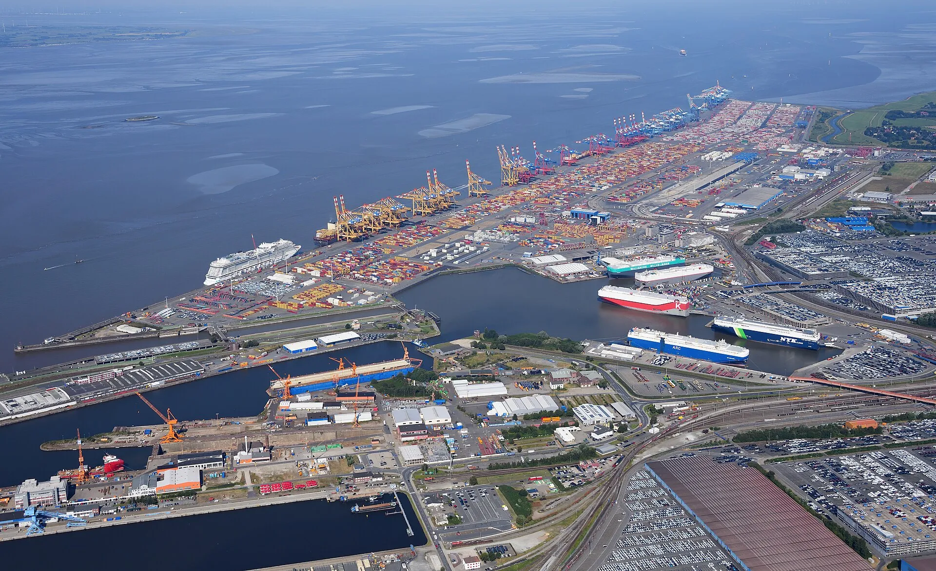 Aerial view of a container terminal with ships at berth